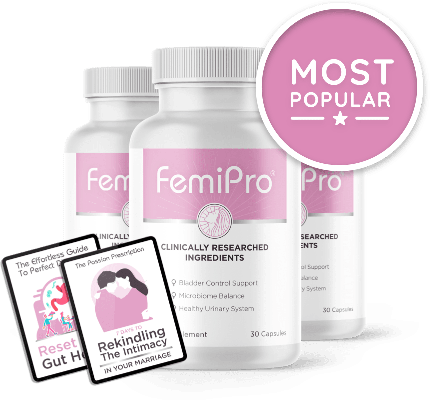 FemiPro 3 bottles with pair of digital books and banner